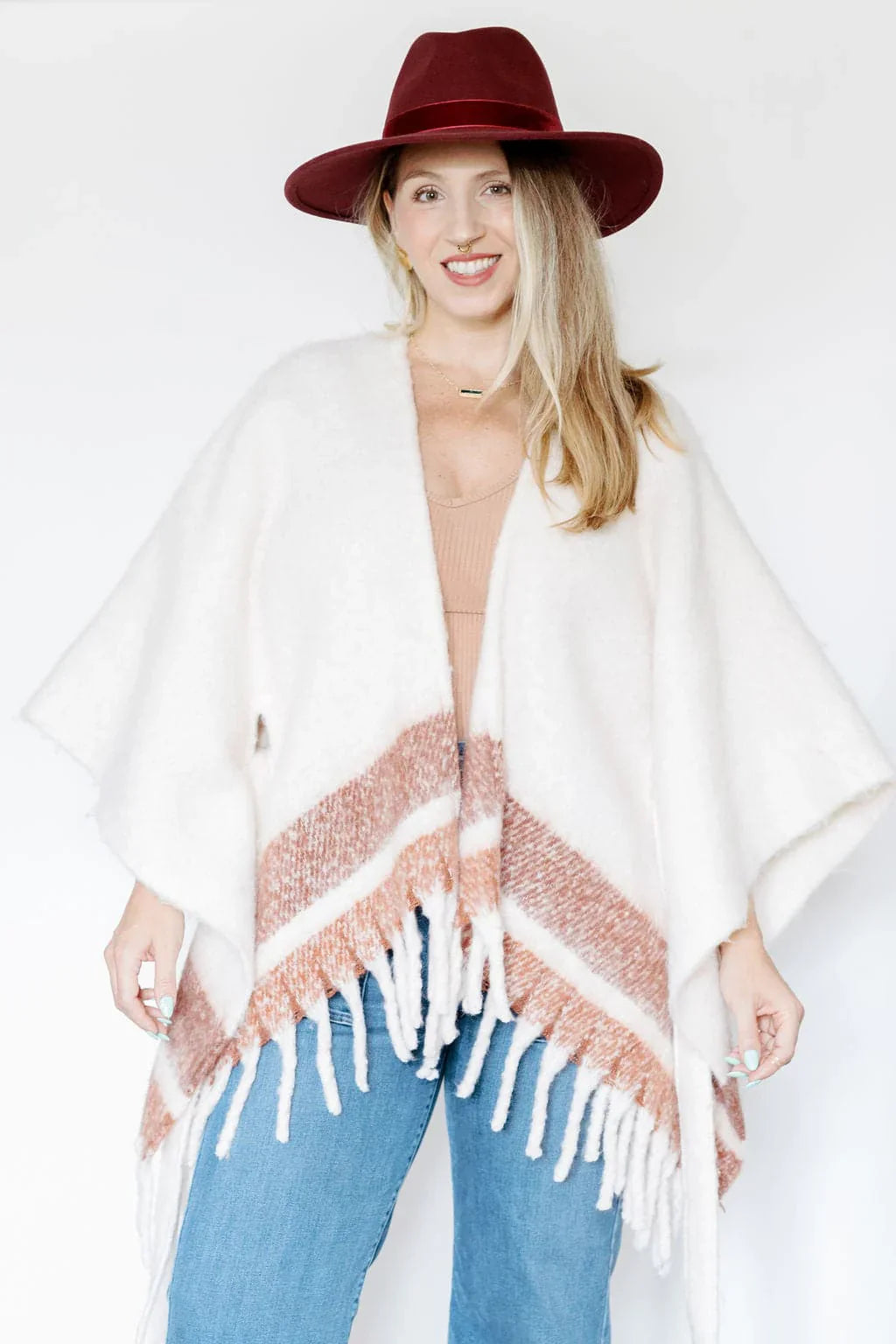 Gyal Bashy - Striped Belted Ruana With Fringe - Neutral