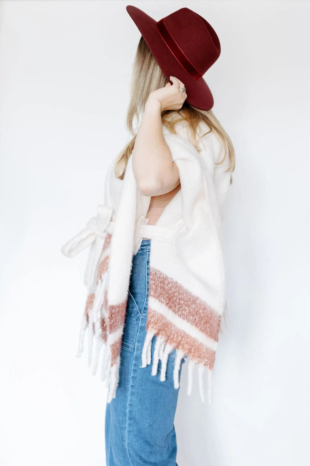 Gyal Bashy - Striped Belted Ruana With Fringe - Neutral (Add-On)