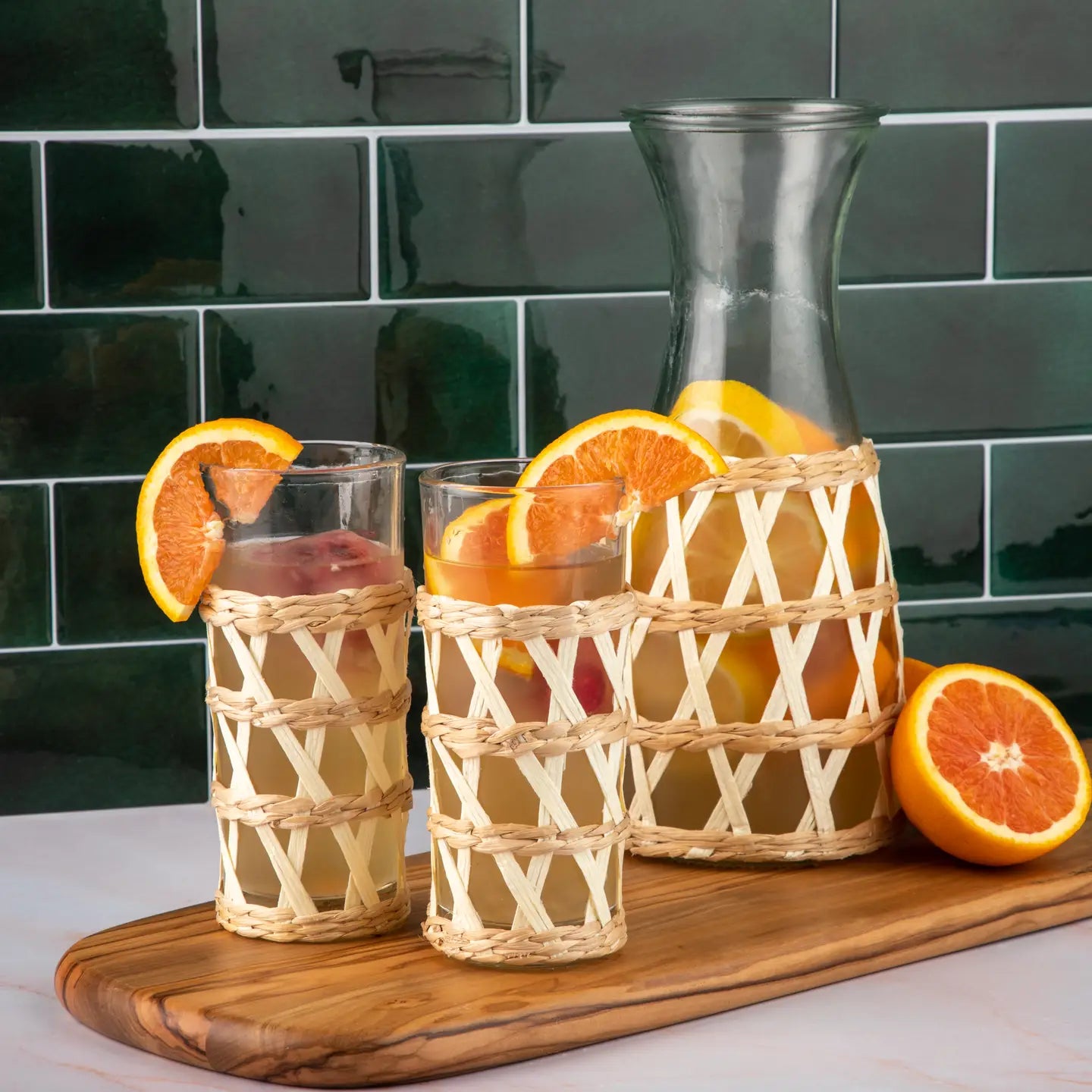 3pc Straw Rattan Pitcher and Glasses Set