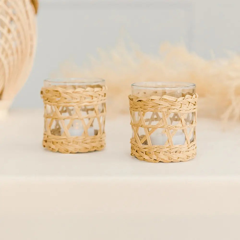 Woven Straw & Glass Votive Candle Holder - Natural - Set of 2