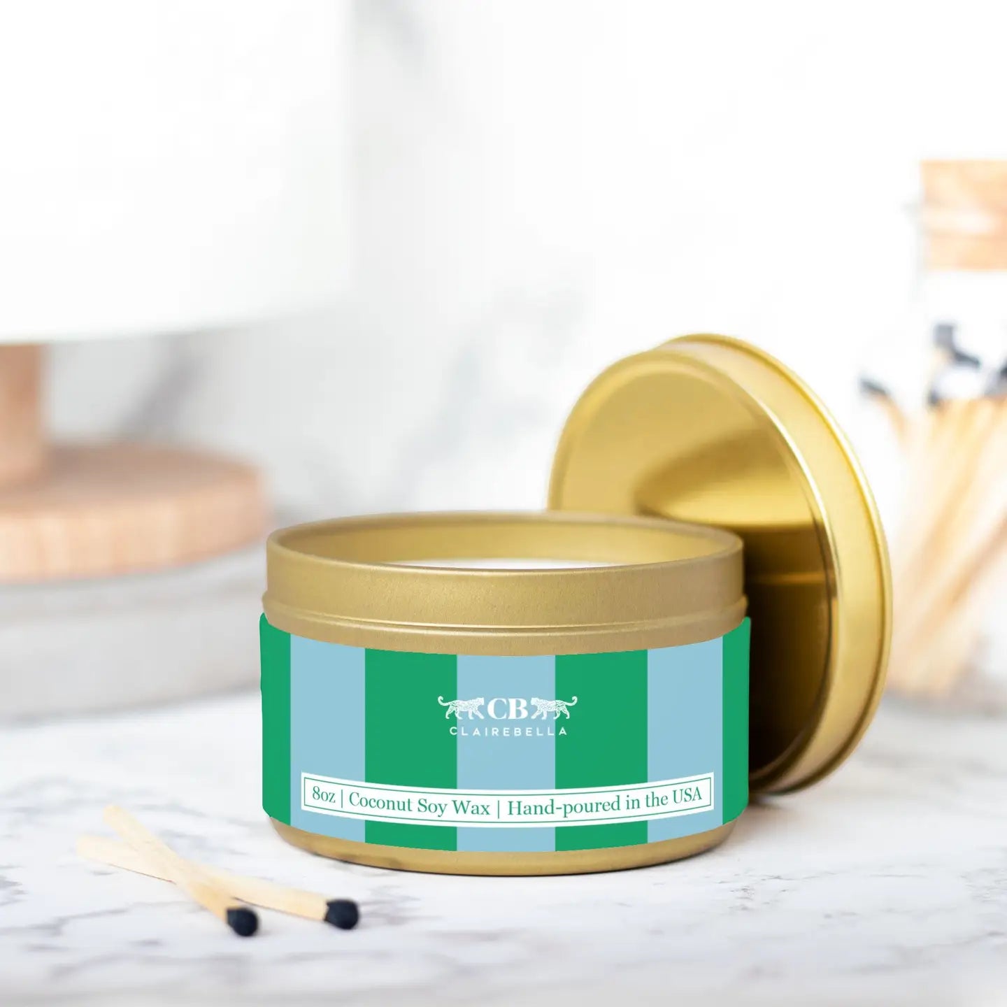 Clairebella - Blue/Green Stripe | Tropical Island Scent | Tin Candle