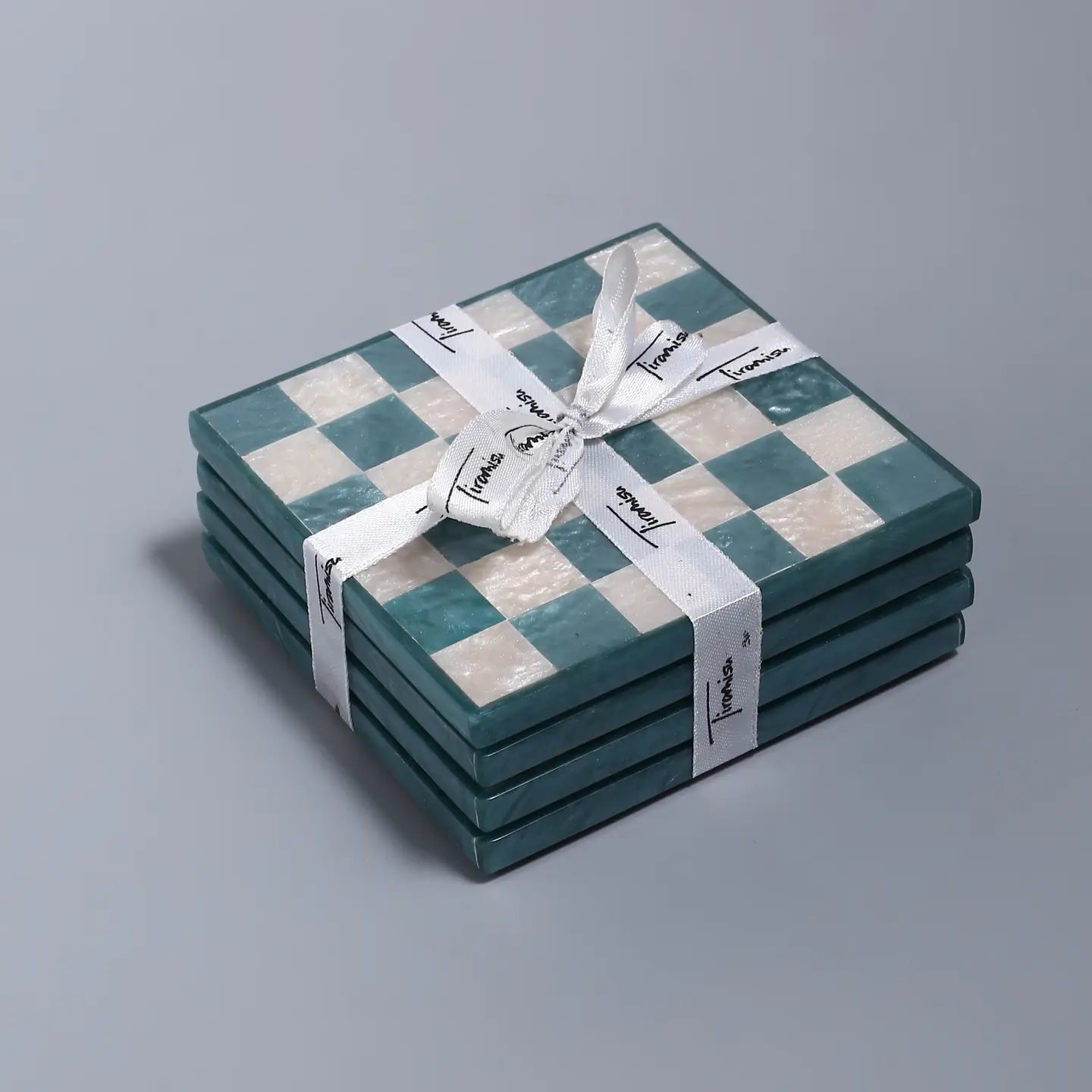 Blue Check Resin Coaster Set of 4
