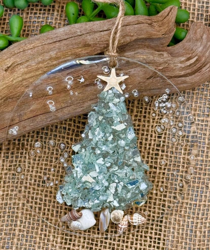 Sea Dreams Coastal Art - Coastal Christmas Ornament- Aqua Christmas Tree w/ shells