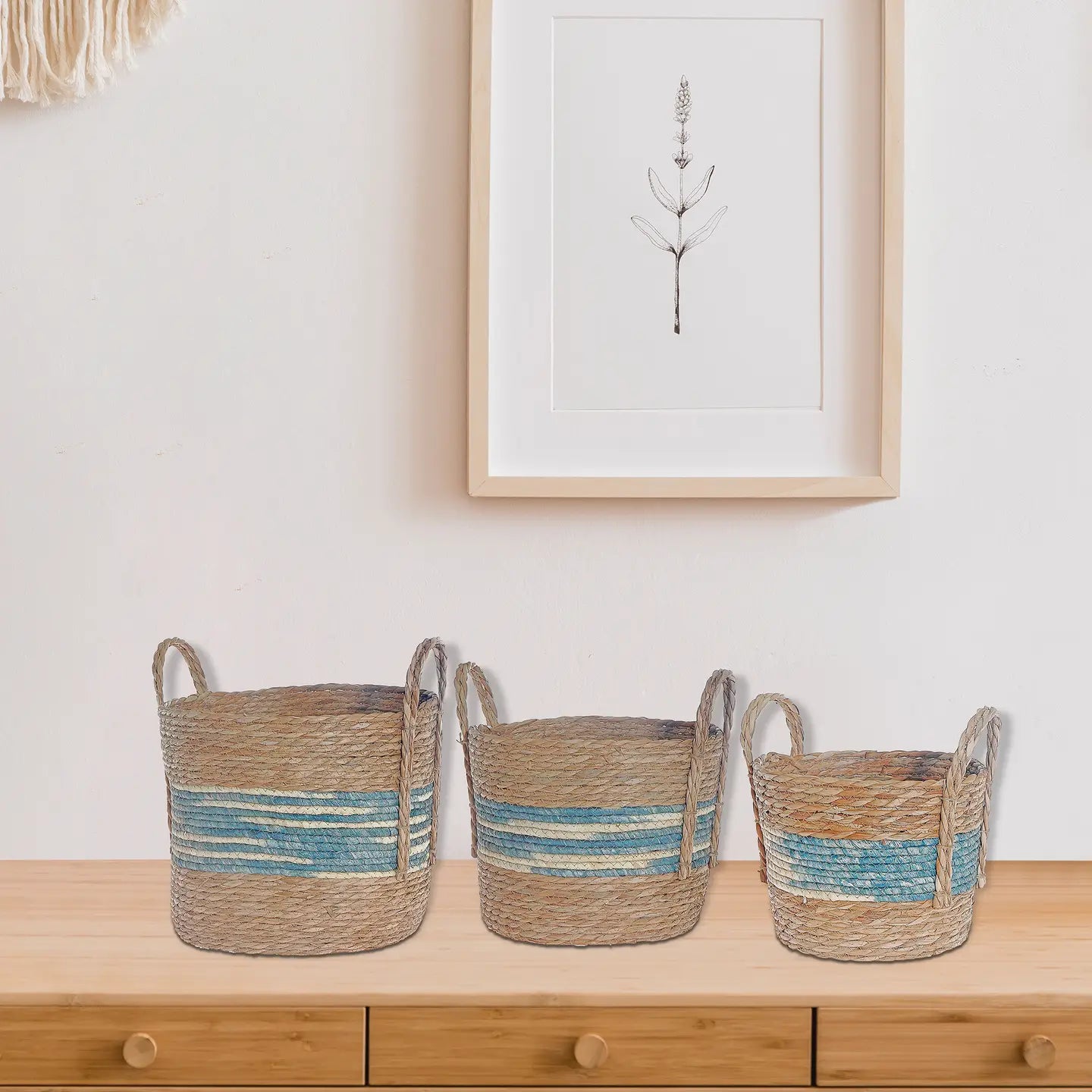 IH Casa Decor - 3Pc Natural Grass Basket with Handle Blue Stripe