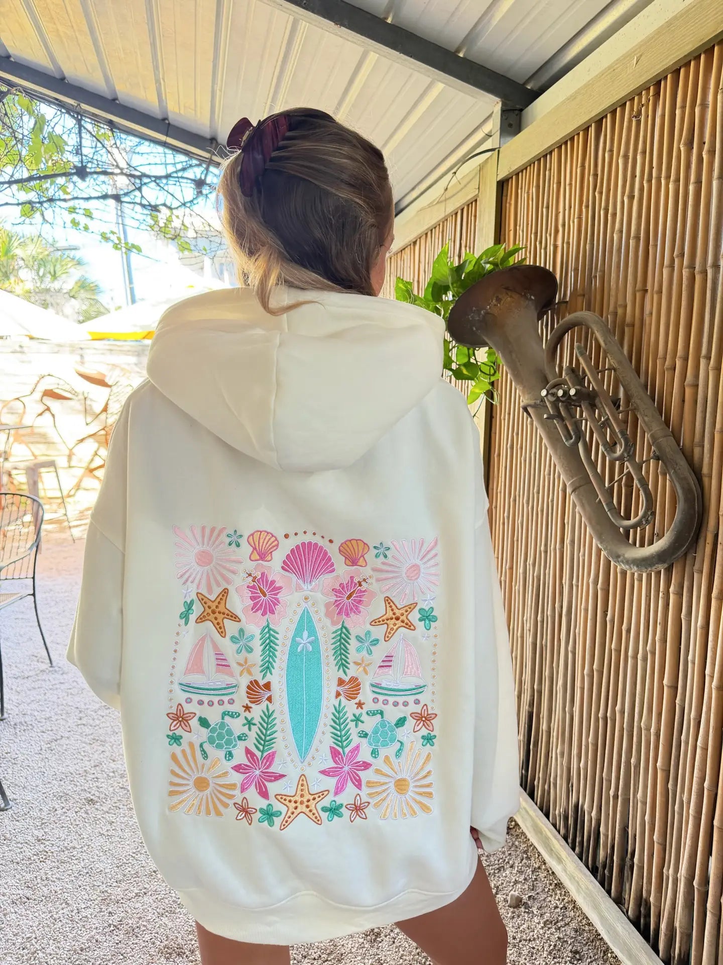 Detailed Surfboard Embroidered Hoodie -  Seashell Ivory