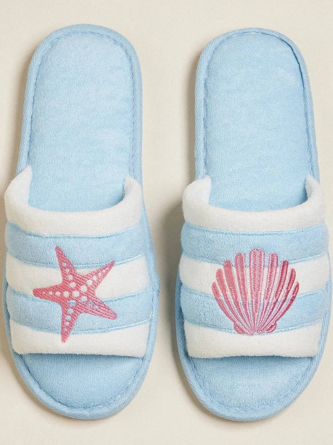Striped Slippers with Starfish and Shell Design - Blue