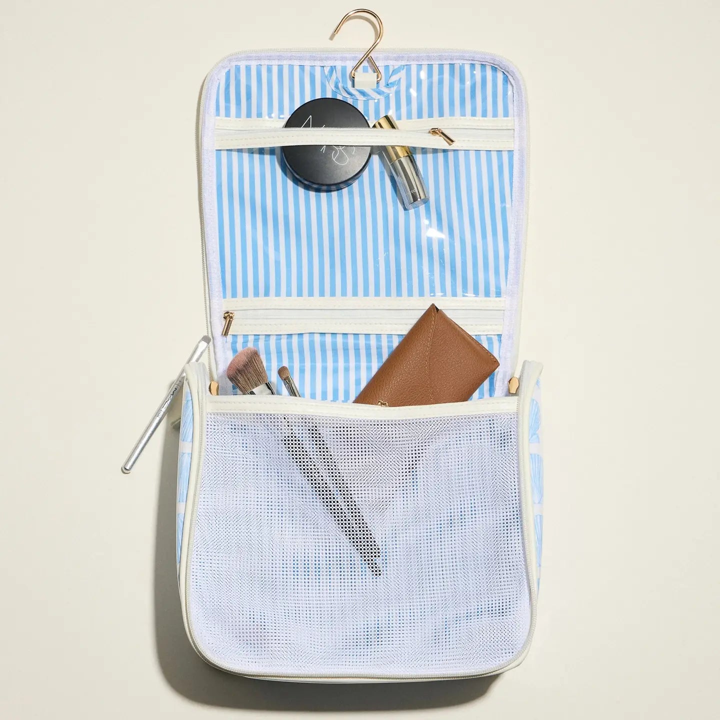 Blue Seashell Print Hanging Toiletry Bag – Travel Makeup Organizer with Hook