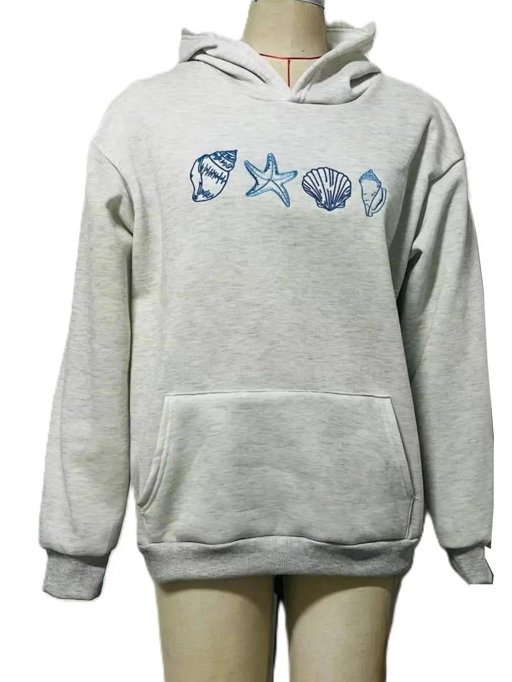 Ocean Seashell Embroidery Hoodie - Grey