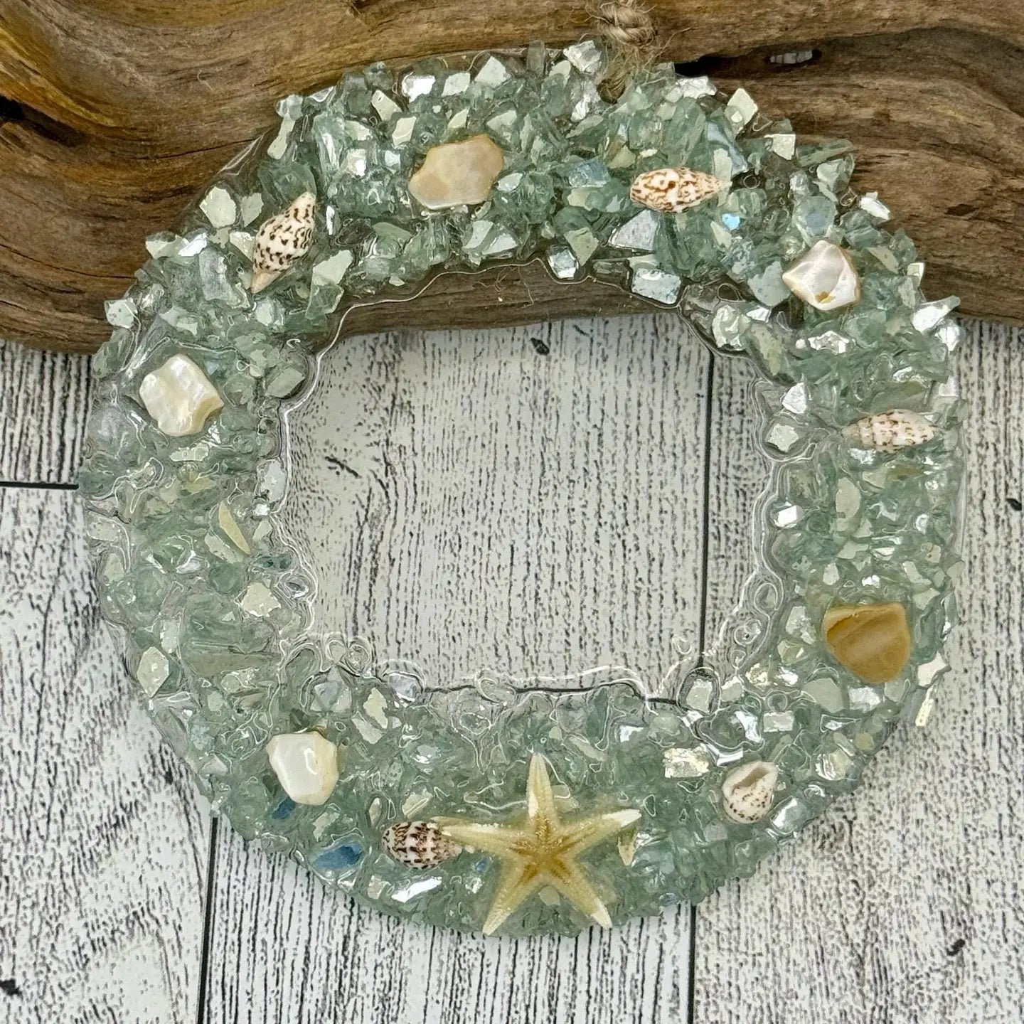 Sea Dreams Coastal Art - Aqua Glass Seashell Wreath Christmas Ornament with Starfish