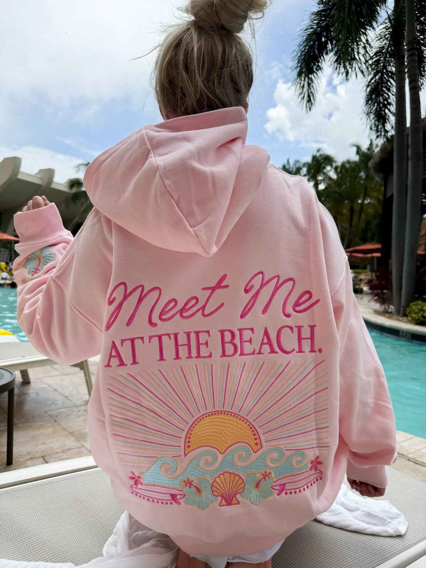 Meet Me At the Beach Sunset Embroidered Hoodie - Light Pink