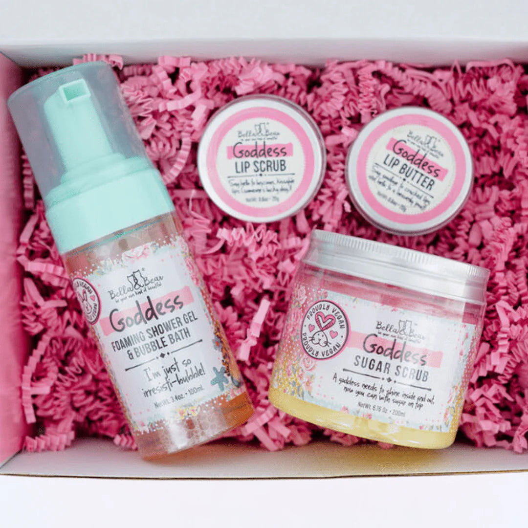 Bella & Bear - Goddess Tropical Scented 2 in 1 Foaming Shower Gel & Bubble Bath, Lip Care Set, & Moisturizing Exfoliating Body Scrub Gift Set
