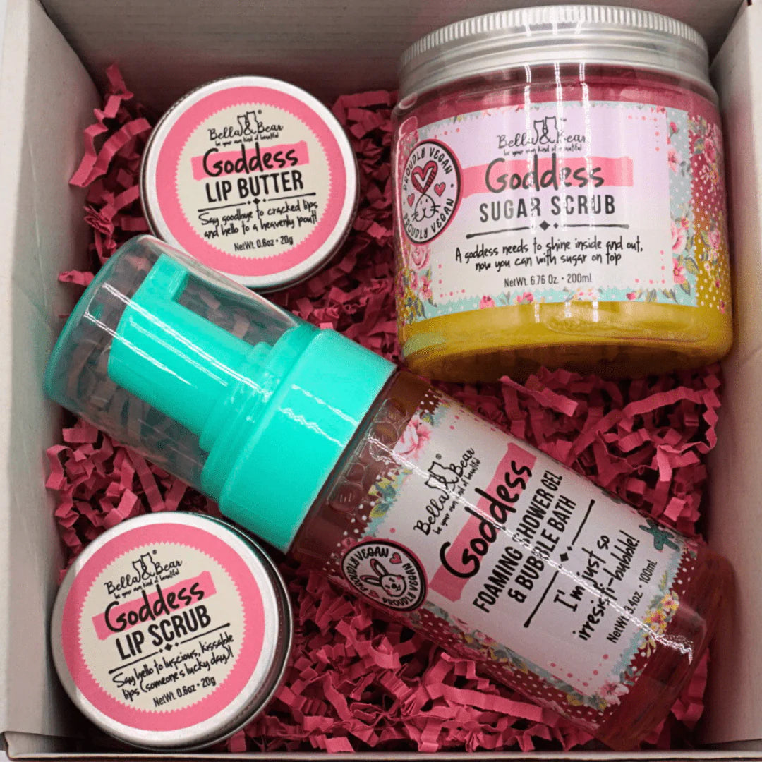 Bella & Bear - Goddess Tropical Scented 2 in 1 Foaming Shower Gel & Bubble Bath, Lip Care Set, & Moisturizing Exfoliating Body Scrub Gift Set