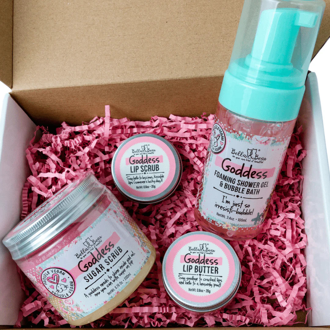 Bella & Bear - Goddess Tropical Scented 2 in 1 Foaming Shower Gel & Bubble Bath, Lip Care Set, & Moisturizing Exfoliating Body Scrub Gift Set