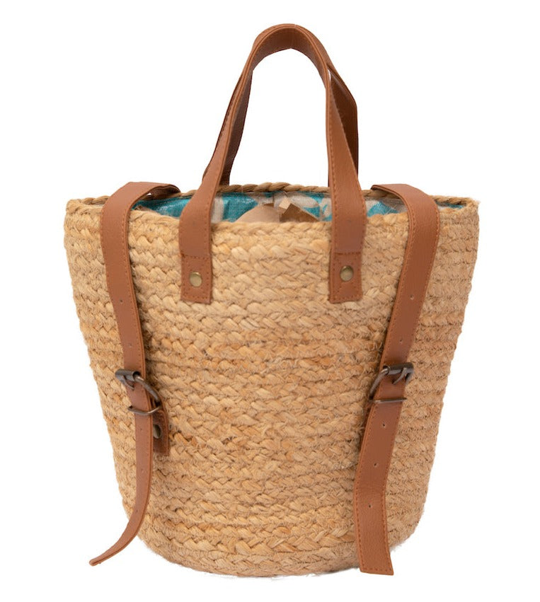 XIX store Palms Brown Jute & Faux Leather Handmade Insulated Picnic Cooler Backpack